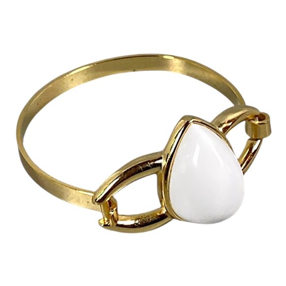 Vintage Bangle Bracelet S Gold Plated White Lucite Cabochon MCM Mod 60s Event - Picture 8 of 16